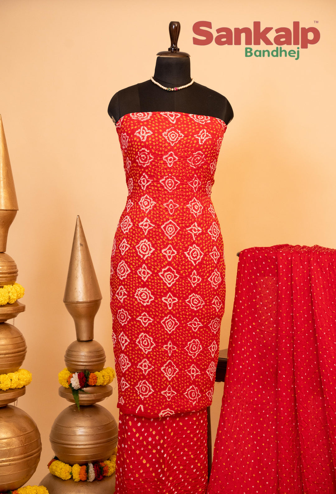 Orange and Pink Pure Gajji Rai Bandhej Dress Material