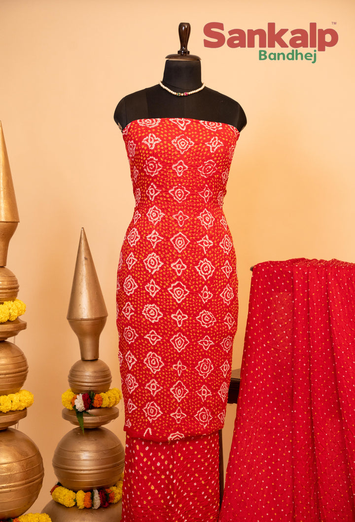 Orange and Pink Pure Gajji Rai Bandhej Dress Material