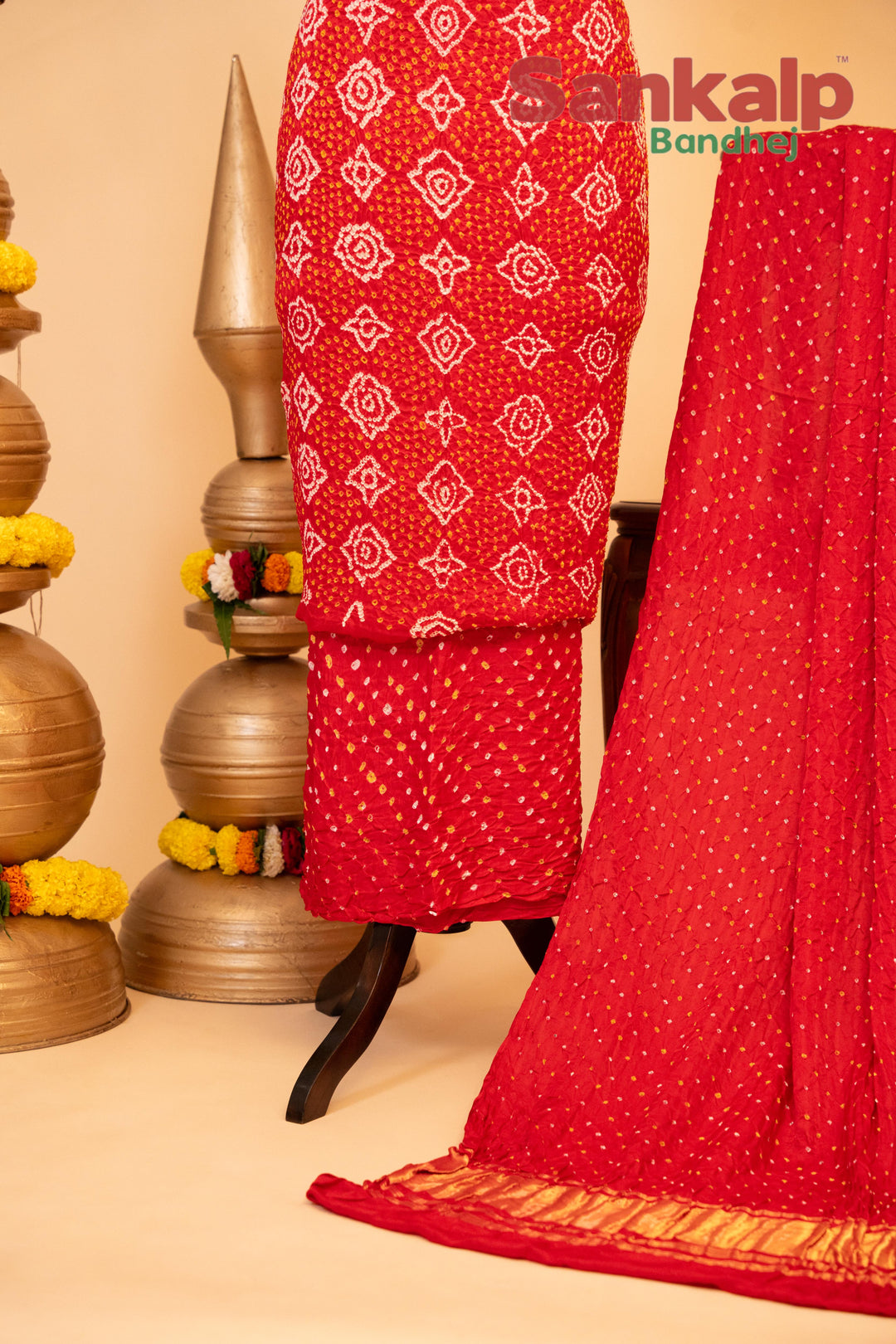 Orange and Pink Pure Gajji Rai Bandhej Dress Material