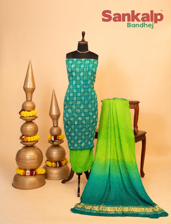 Light Blue and Green Pure Gajji Rai Bandhej Dress Material