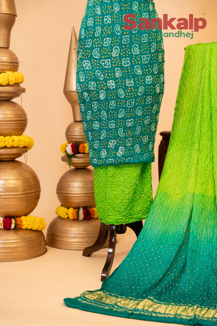 Light Blue and Green Pure Gajji Rai Bandhej Dress Material