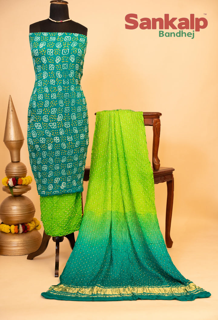 Light Blue and Green Pure Gajji Rai Bandhej Dress Material