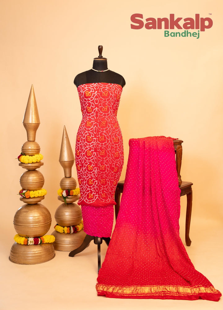 Pink and Red Pure Gajji Rai Bandhej Dress Material