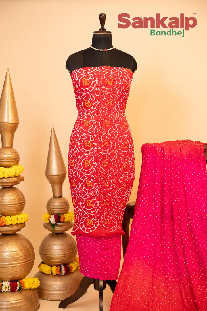 Pink and Red Pure Gajji Rai Bandhej Dress Material