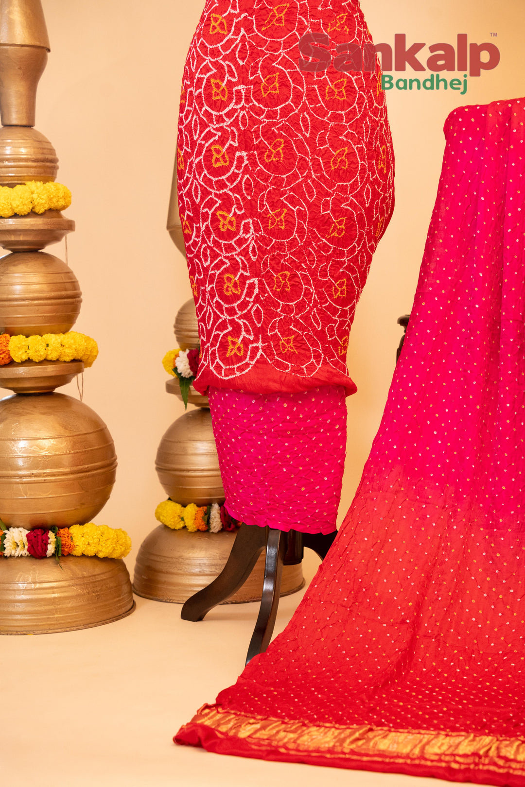 Pink and Red Pure Gajji Rai Bandhej Dress Material