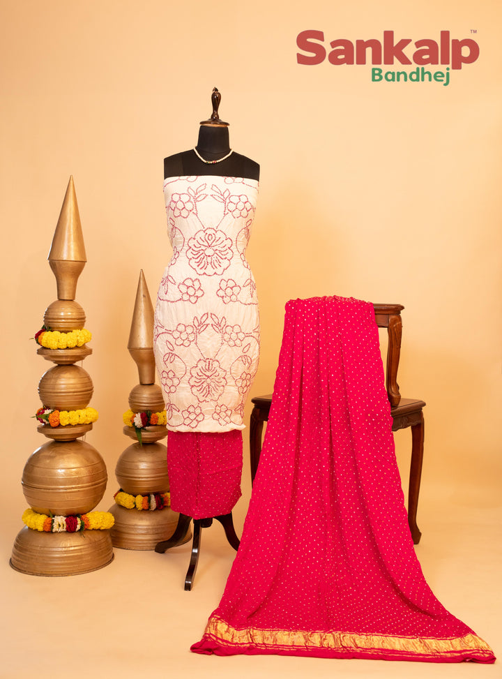 White and Pink Pure Gajji Silk Rai Bandhani Dress Material