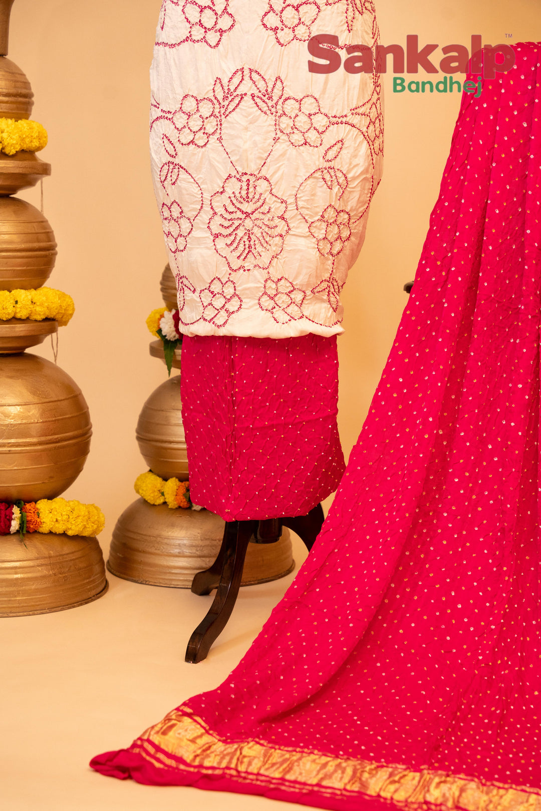 White and Pink Pure Gajji Silk Rai Bandhani Dress Material