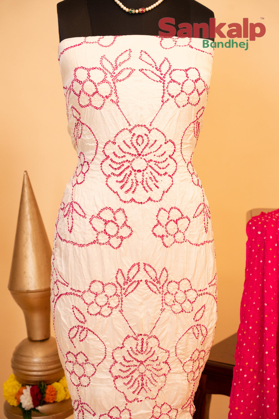 White and Pink Pure Gajji Silk Rai Bandhani Dress Material