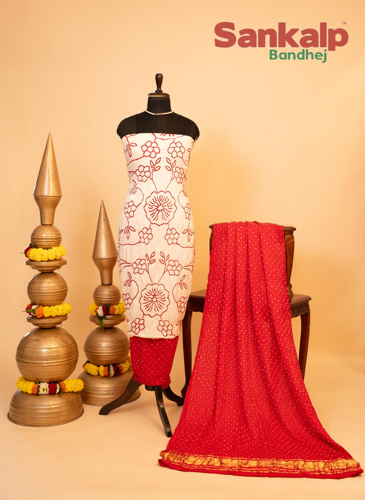 White and Red Pure Gajji Silk Rai Bandhani Dress Material