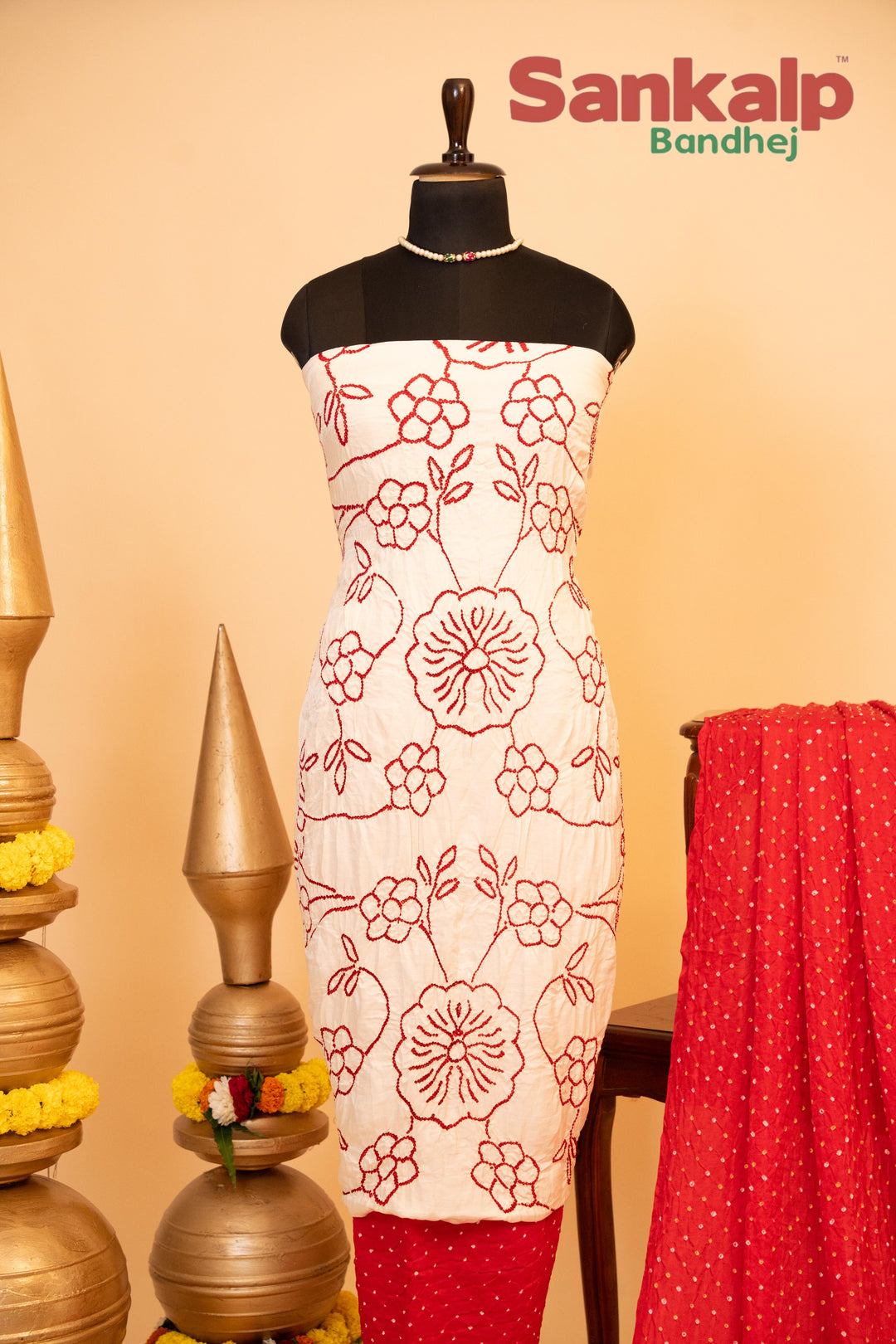 White and Red Pure Gajji Silk Rai Bandhani Dress Material