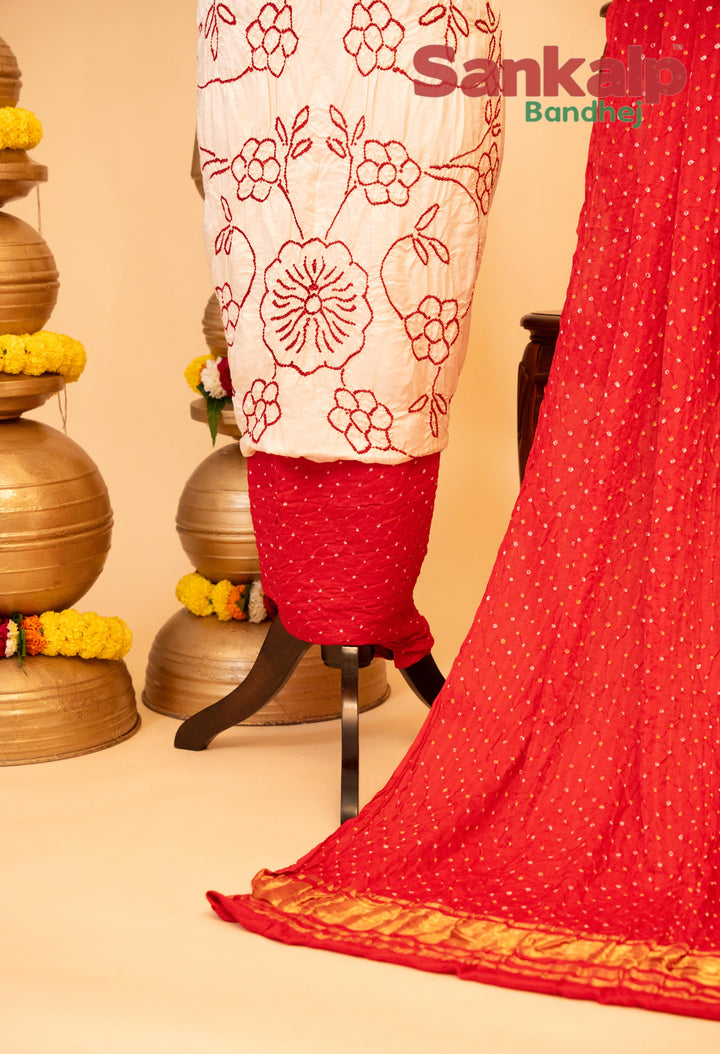 White and Red Pure Gajji Silk Rai Bandhani Dress Material