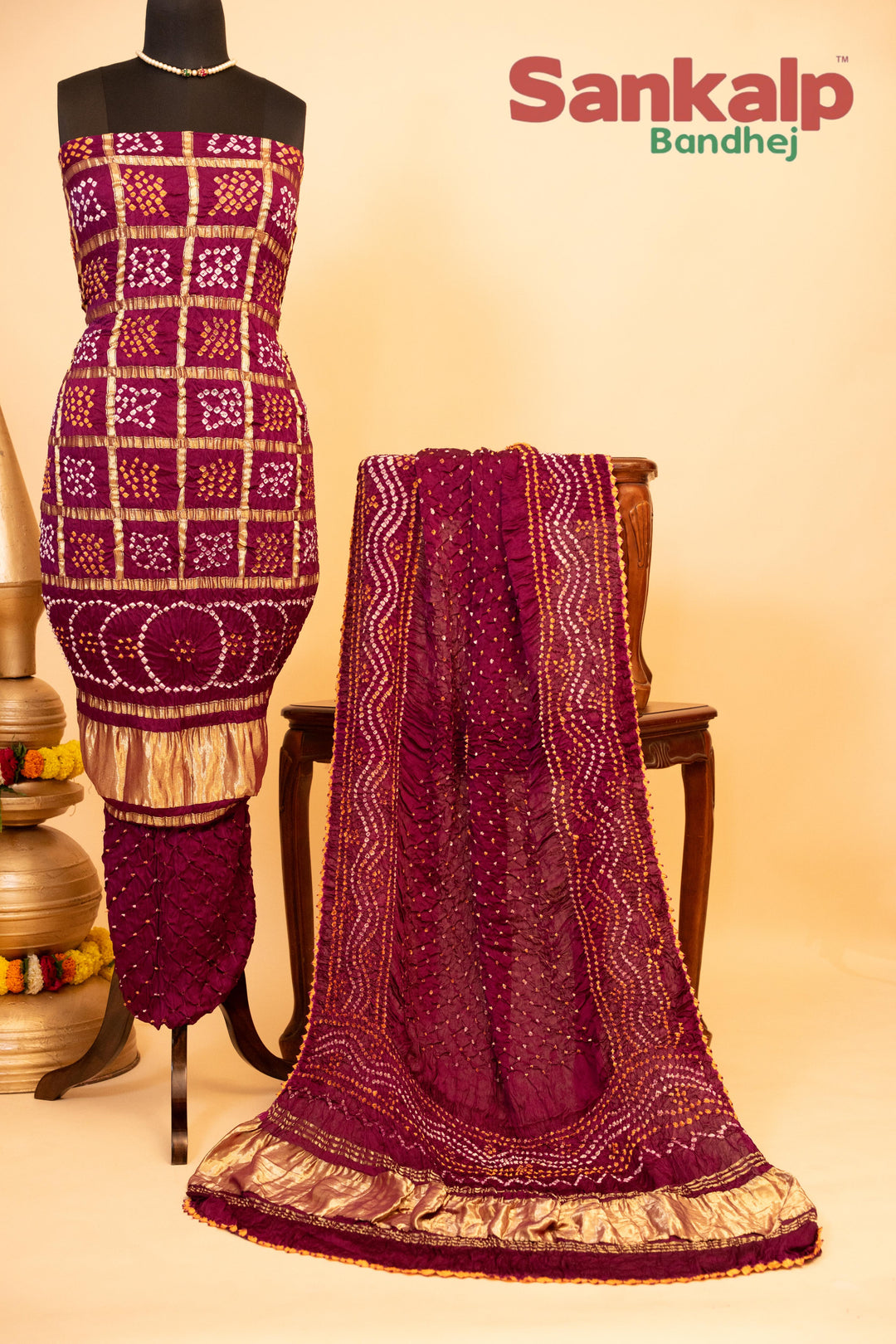 Wine Pure Modal Silk Gharchola Dress Material