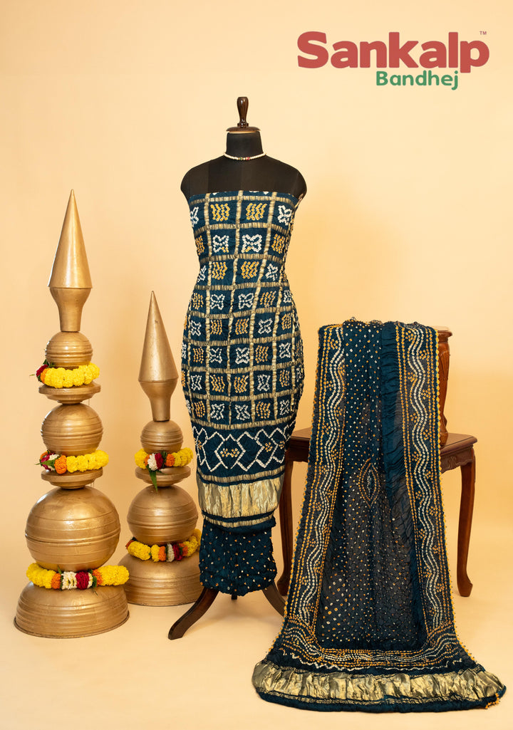 Deep Navy Blue Pure Modal Silk Gharchola Dress Material