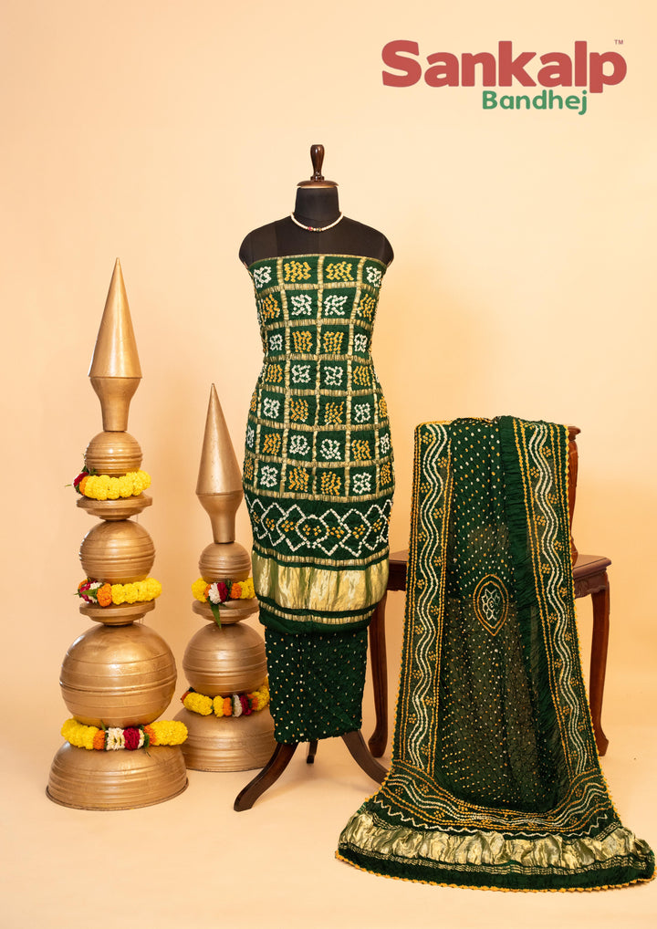 Bottle Green Pure Modal Silk Gharchola Dress Material
