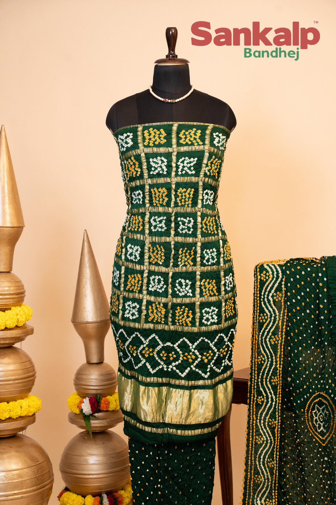 Bottle Green Pure Modal Silk Gharchola Dress Material