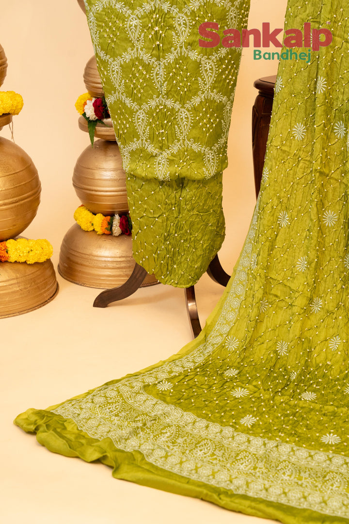 Mehendi Green Pure Modal Silk Dress Material with Lucknowi Work