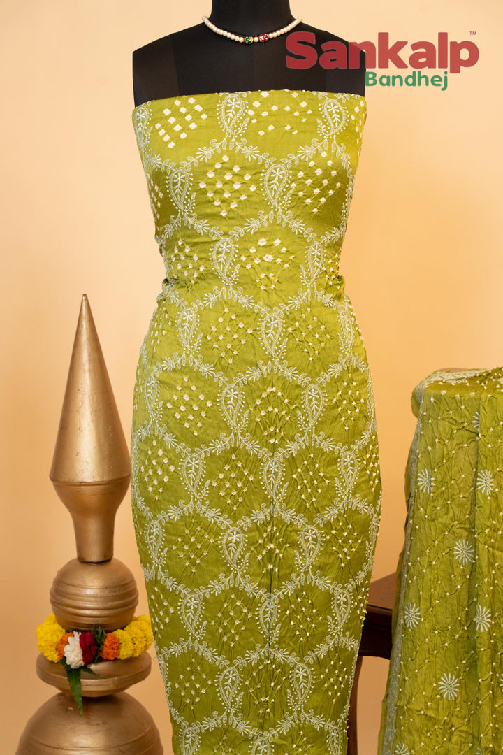 Mehendi Green Pure Modal Silk Dress Material with Lucknowi Work