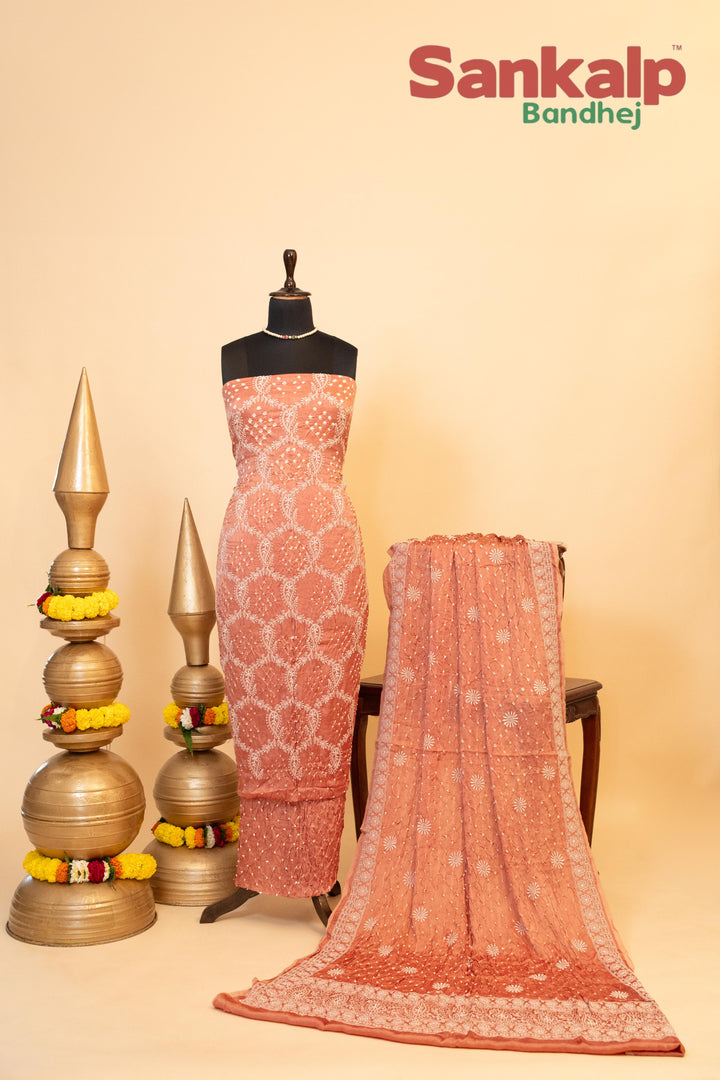 Peach Pure Modal Silk Dress Material with Lucknowi Work
