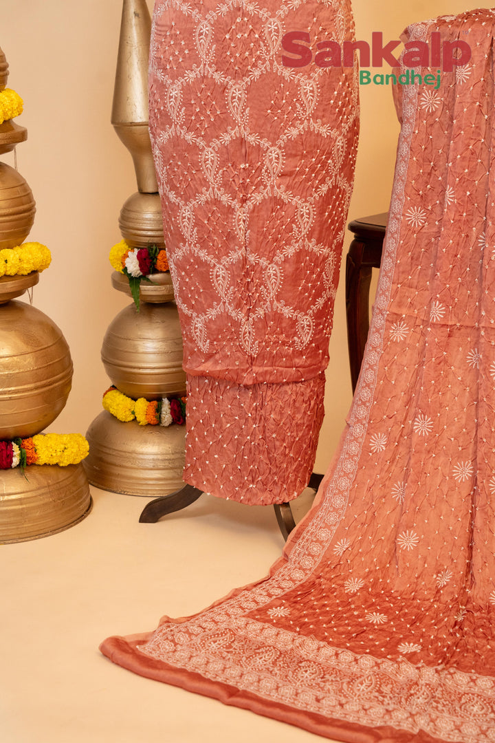 Peach Pure Modal Silk Dress Material with Lucknowi Work