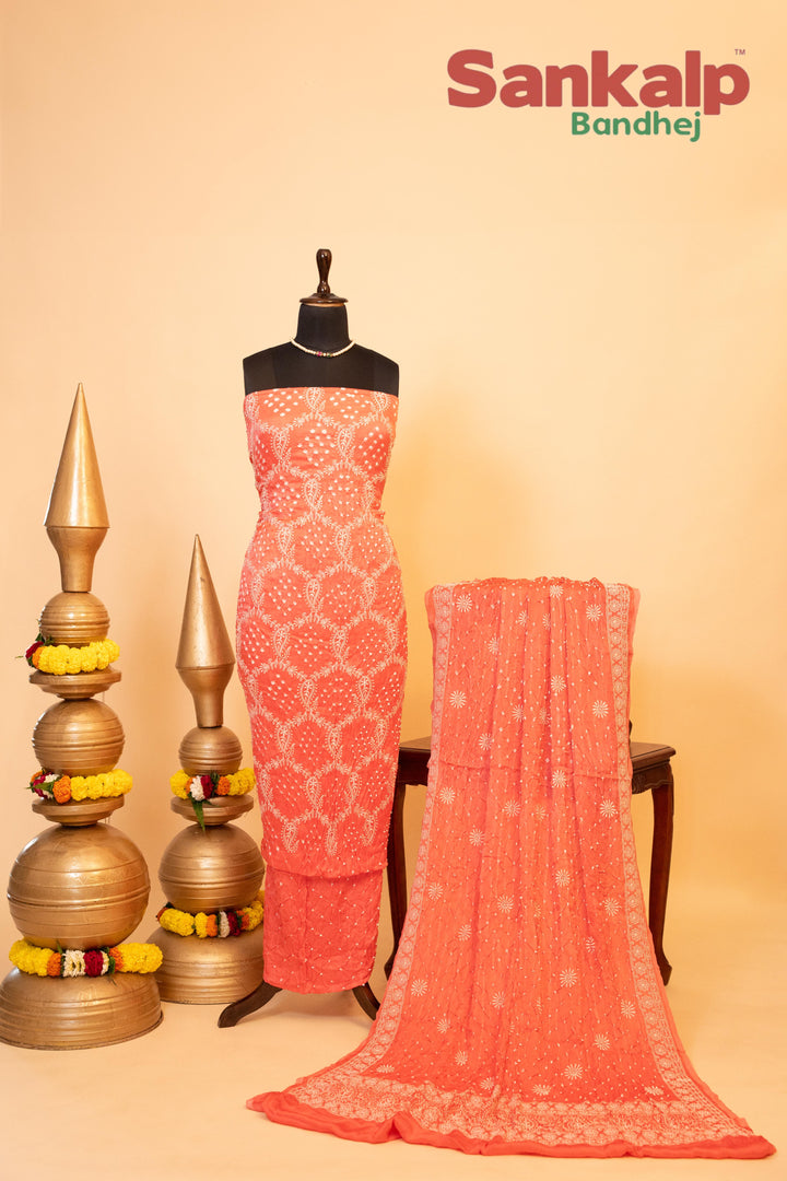 Coral Pink Pure Modal Silk Dress Material with Lucknowi Work