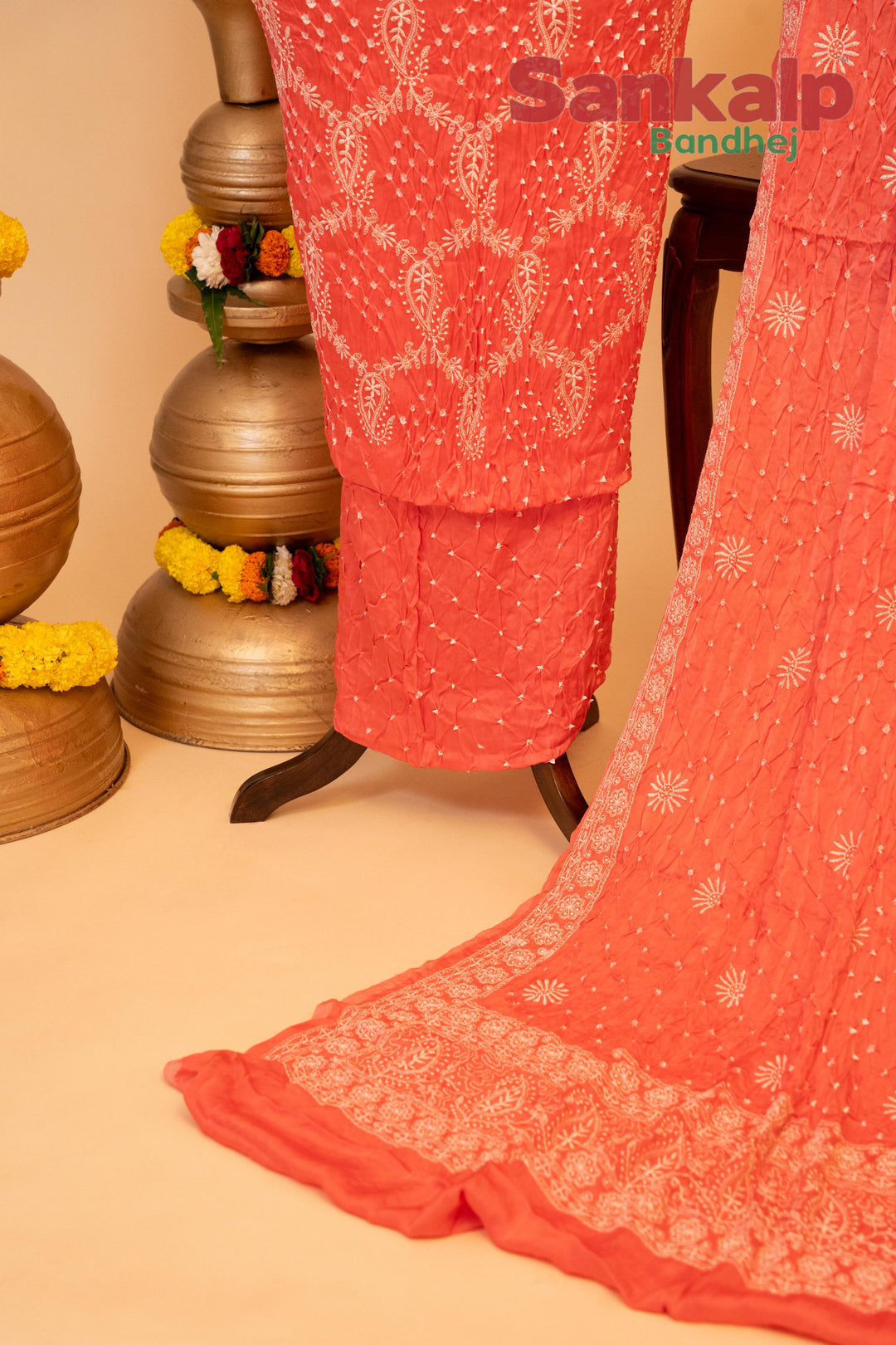 Coral Pink Pure Modal Silk Dress Material with Lucknowi Work