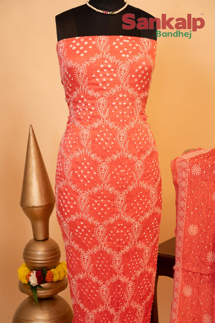 Coral Pink Pure Modal Silk Dress Material with Lucknowi Work