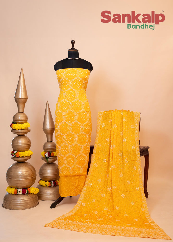 Yellow Pure Modal Silk Dress Material with Lucknowi Work