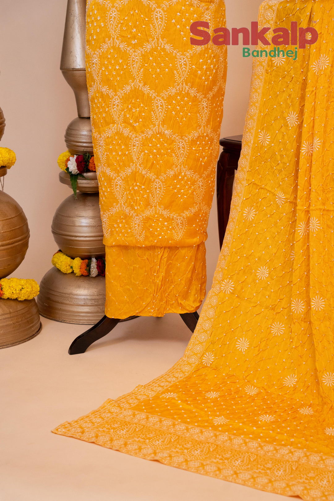 Yellow Pure Modal Silk Dress Material with Lucknowi Work