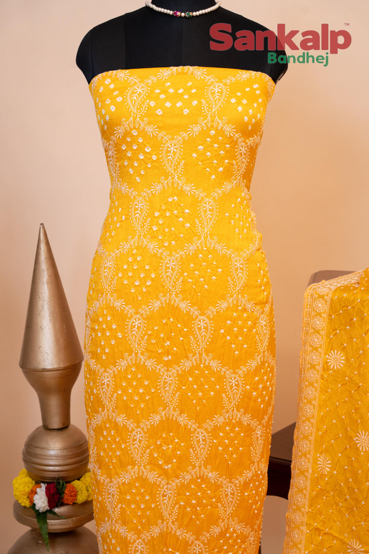 Yellow Pure Modal Silk Dress Material with Lucknowi Work