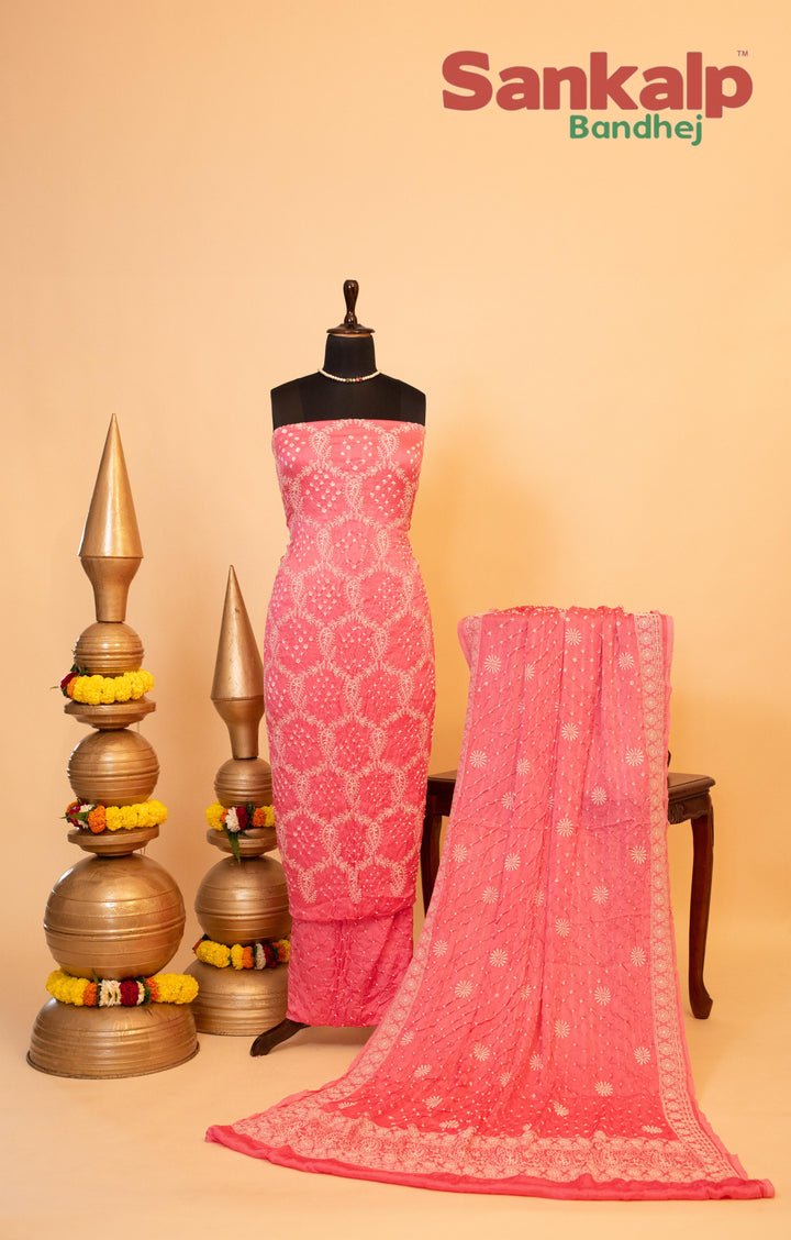 Pink Pure Modal Silk Dress Material with Lucknowi Work