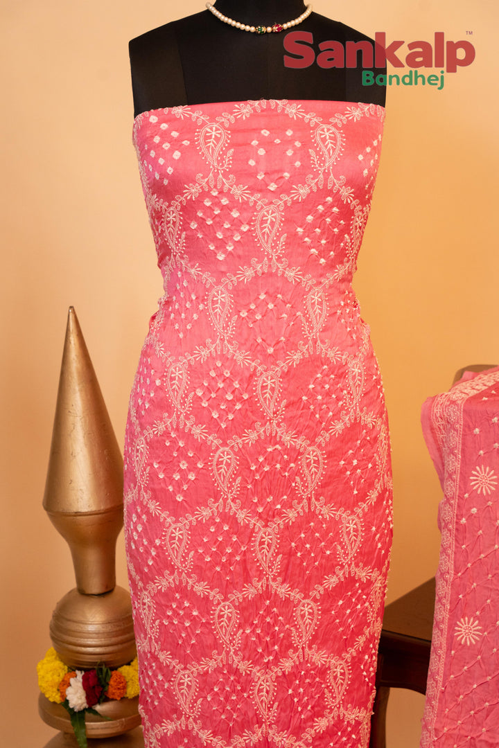 Pink Pure Modal Silk Dress Material with Lucknowi Work