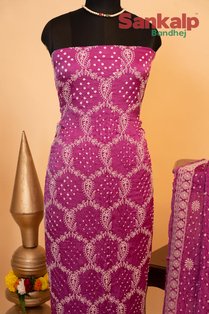 Purple Pure Modal Silk Dress Material with Lucknowi Work