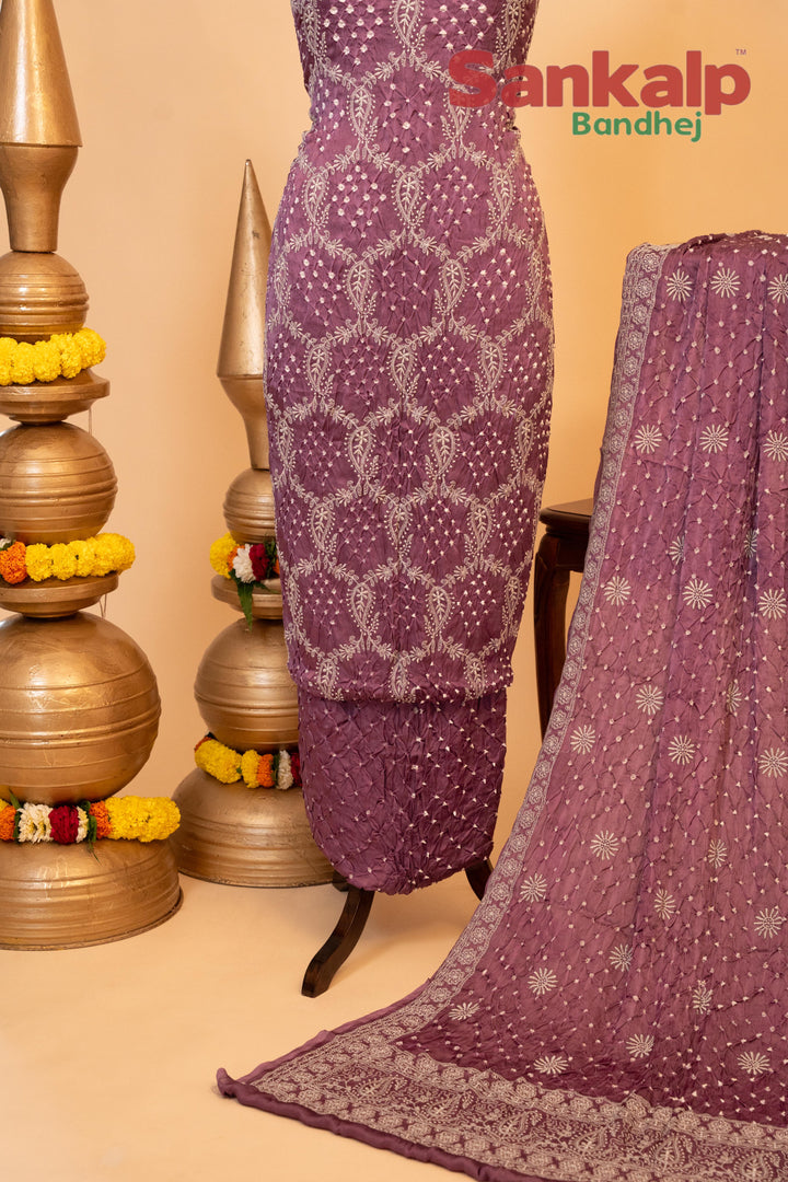 Lavender Purple Pure Modal Silk Dress Material with Lucknowi Work