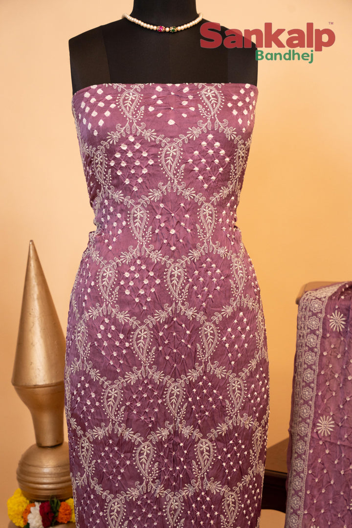 Lavender Purple Pure Modal Silk Dress Material with Lucknowi Work