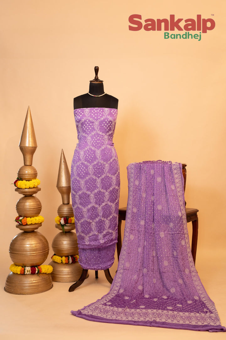 Lavender Pure Modal Silk Dress Material with Lucknowi Work