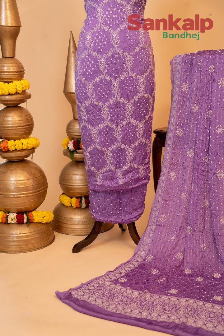 Lavender Pure Modal Silk Dress Material with Lucknowi Work