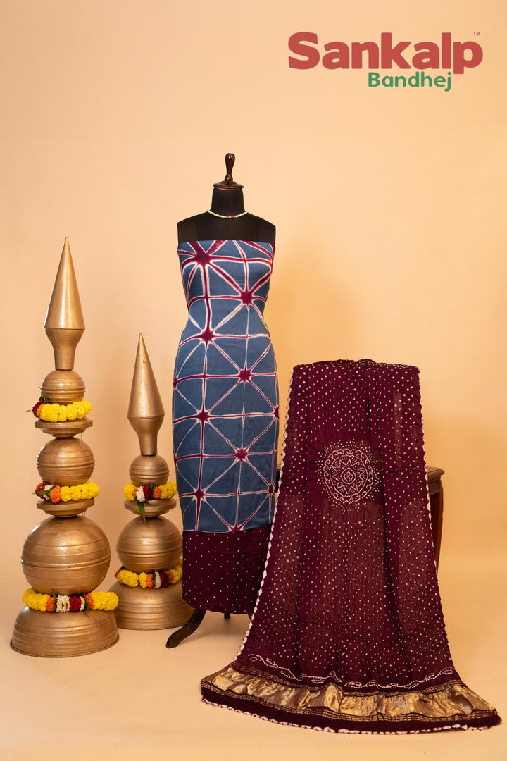 Pure Modal Gaji Silk Dress Material In Green And Wine