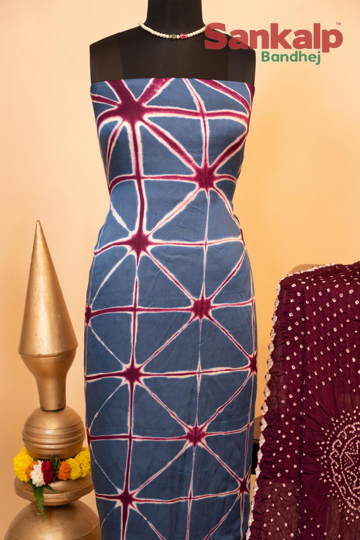 Pure Modal Gaji Silk Dress Material In Green And Wine