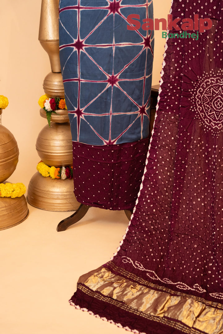 Pure Modal Gaji Silk Dress Material In Green And Wine