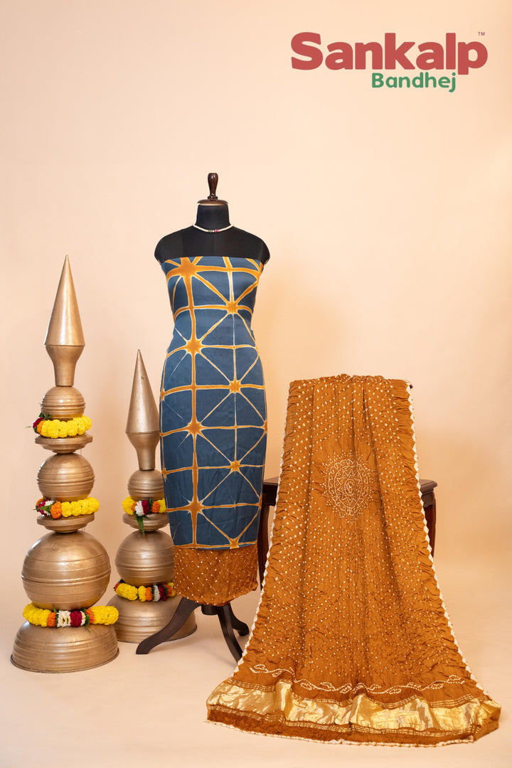 Pure Modal Gaji Silk Dress Material In Blue and Mustard