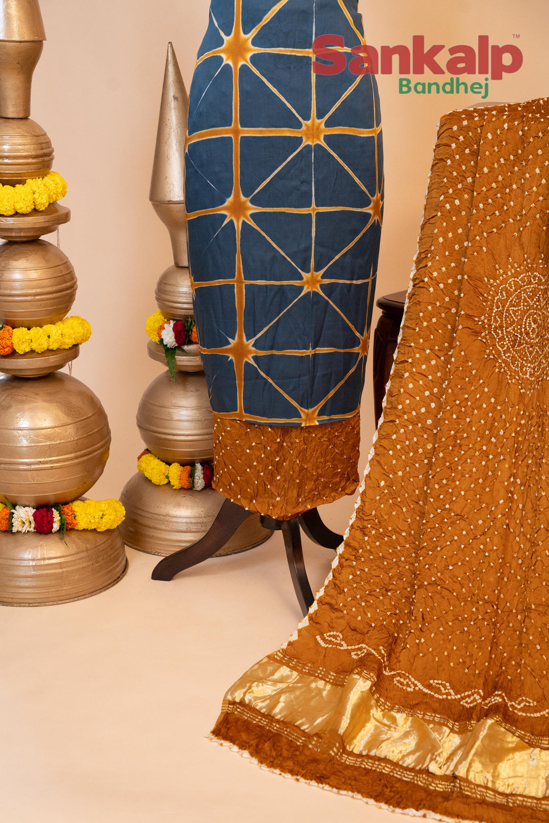 Pure Modal Gaji Silk Dress Material In Blue and Mustard