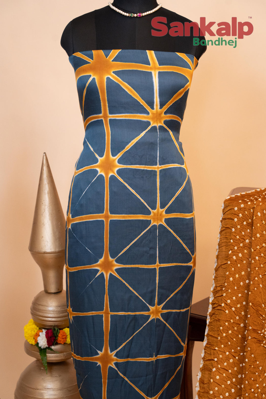Pure Modal Gaji Silk Dress Material In Blue and Mustard