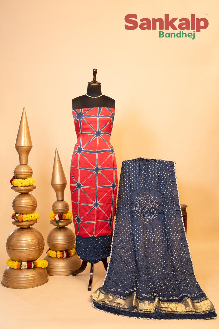 Pure Modal Gaji Silk Dress Material In Blue and Red