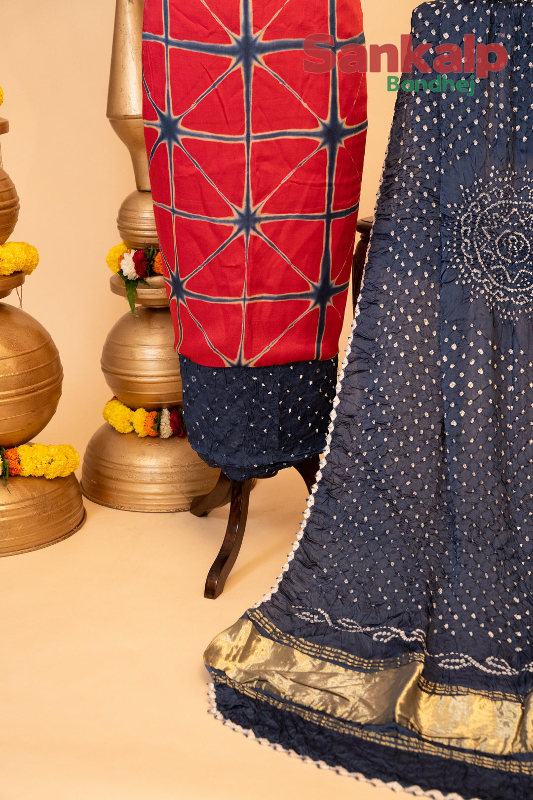 Pure Modal Gaji Silk Dress Material In Blue and Red