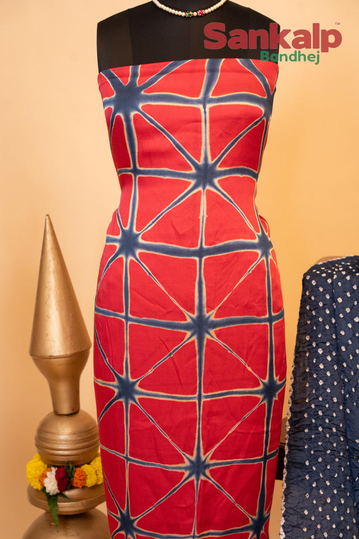 Pure Modal Gaji Silk Dress Material In Blue and Red