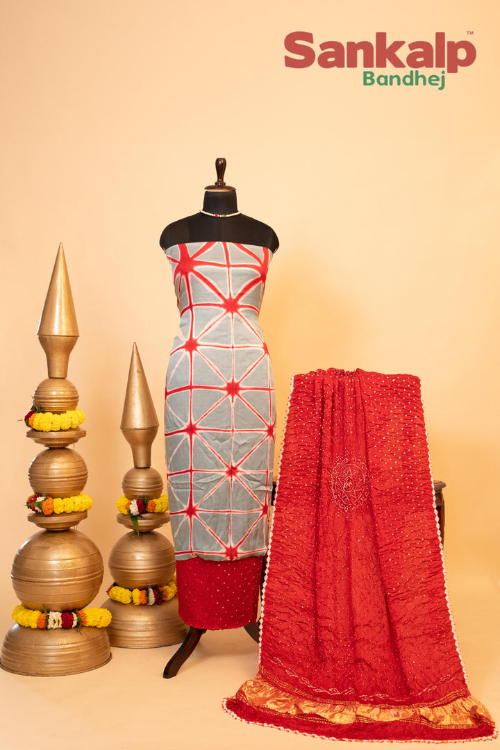 Pure Modal Gaji Silk Dress Material In Light Blue and Red