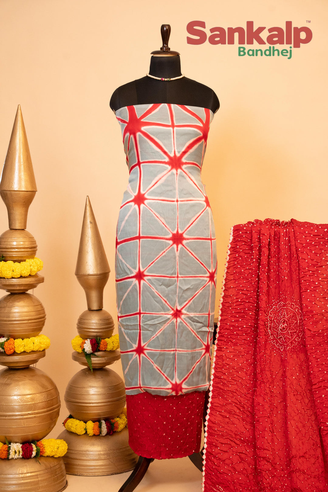 Pure Modal Gaji Silk Dress Material In Light Blue and Red