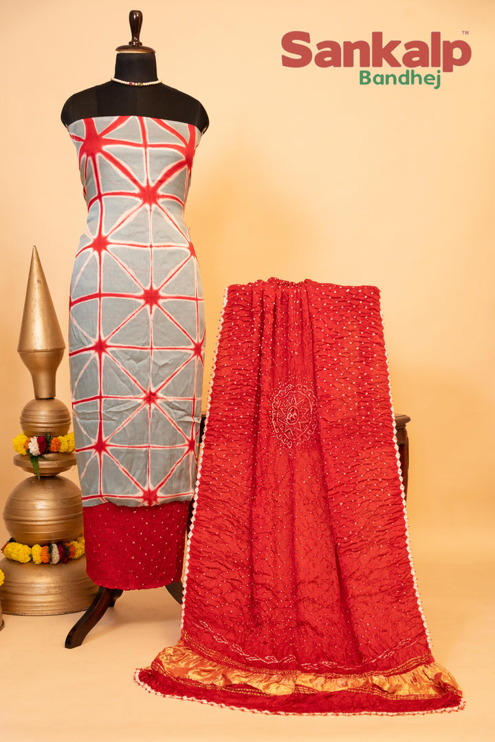 Pure Modal Gaji Silk Dress Material In Light Blue and Red