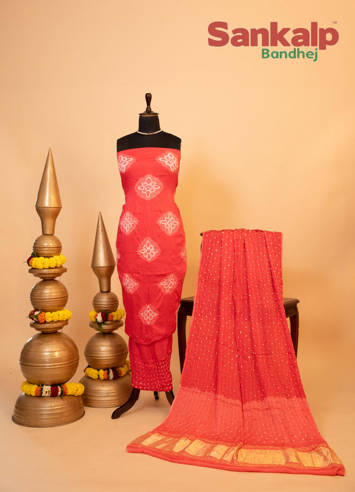 Pure Modal Gaji Silk Dress Material In Coral Pink