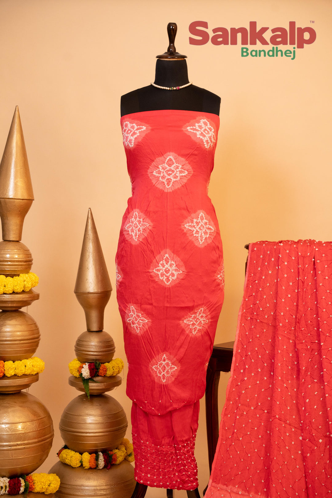 Pure Modal Gaji Silk Dress Material In Coral Pink